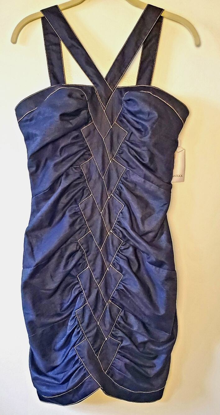 Jessica McClintock Sheath Dress Rouched Stiched Deep Blue Sz 10 Y2K Body Con